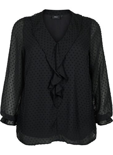 Bluse med flæser og prikket tekstur, Black, Packshot image number 0