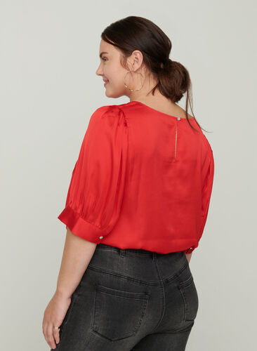 Shiny bluse med korte pufærmer, Racing Red ASS, Model image number 1