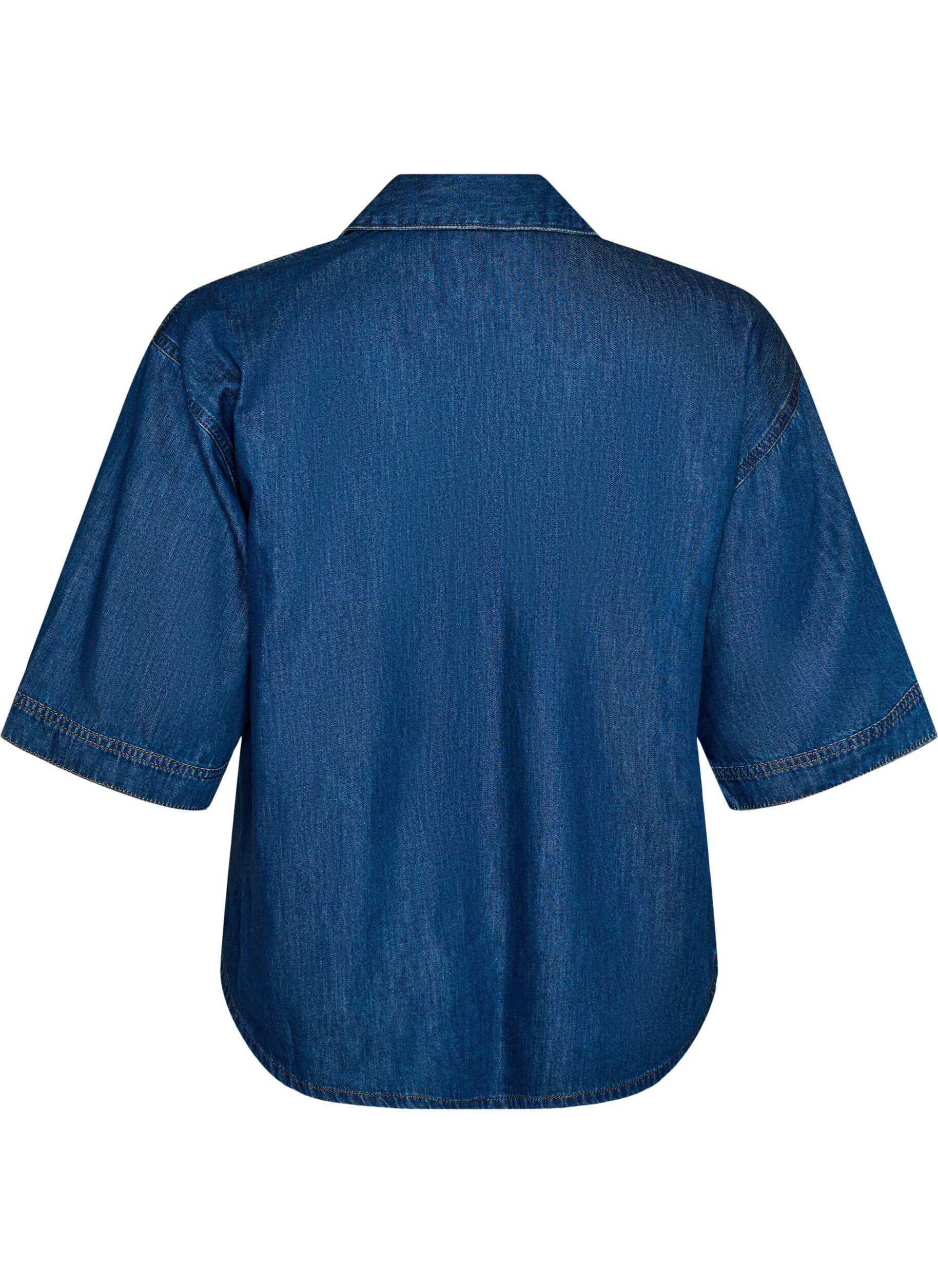 ZizziDenimbluse med brystlomme og albuelange &aelig;rmer, Bl&aring;, Packshot image number 1