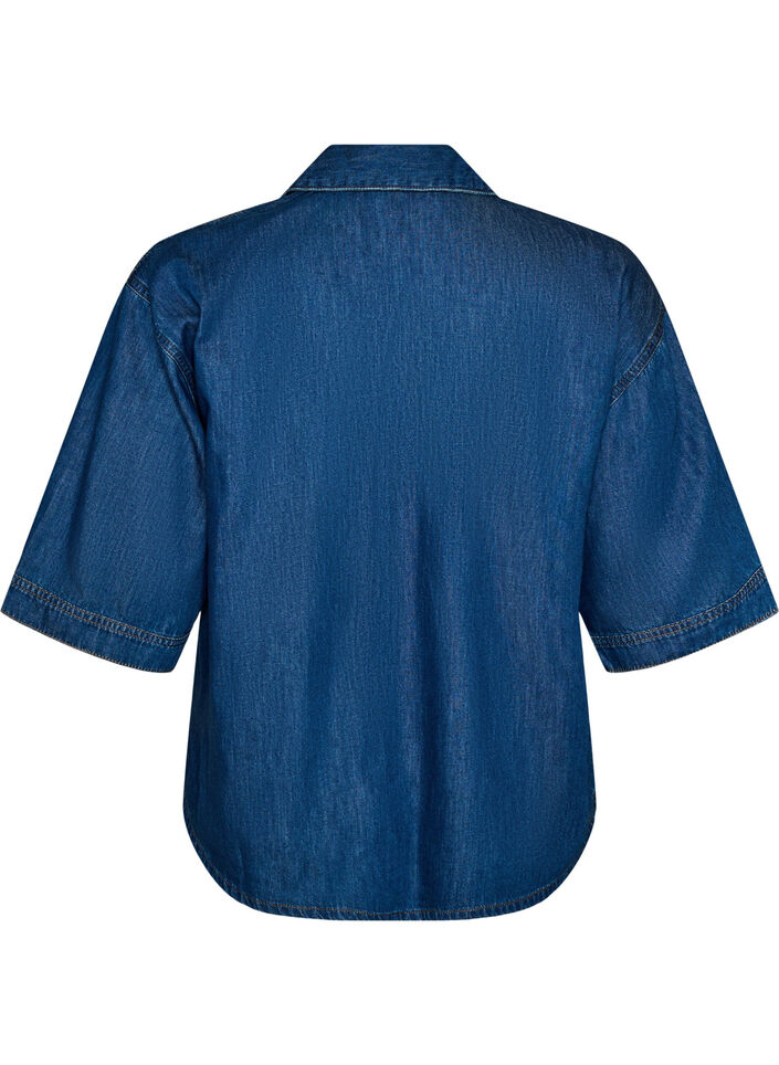 Denimbluse med brystlomme og albuelange &aelig;rmer, Bl&aring;, Packshot image number 1