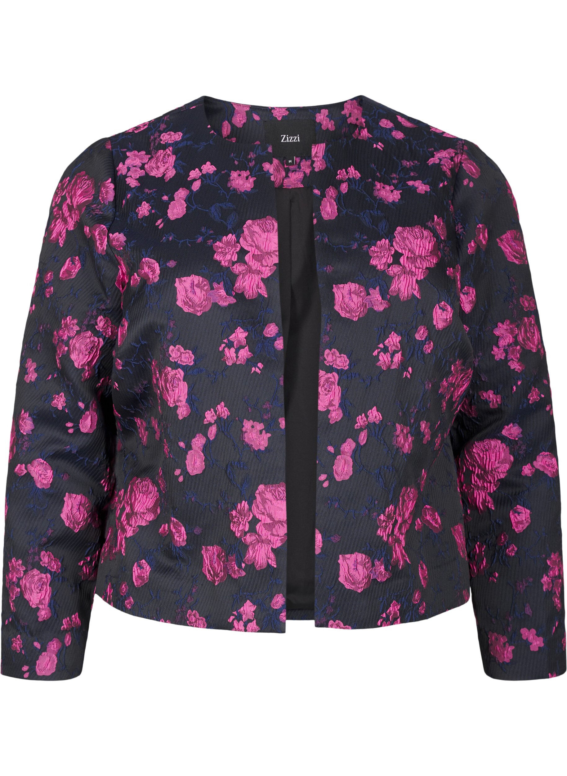 Zizzi Jakke i jacquard med blomsterm&oslash;nster, Black w. Red Rose, Packshot image number 0