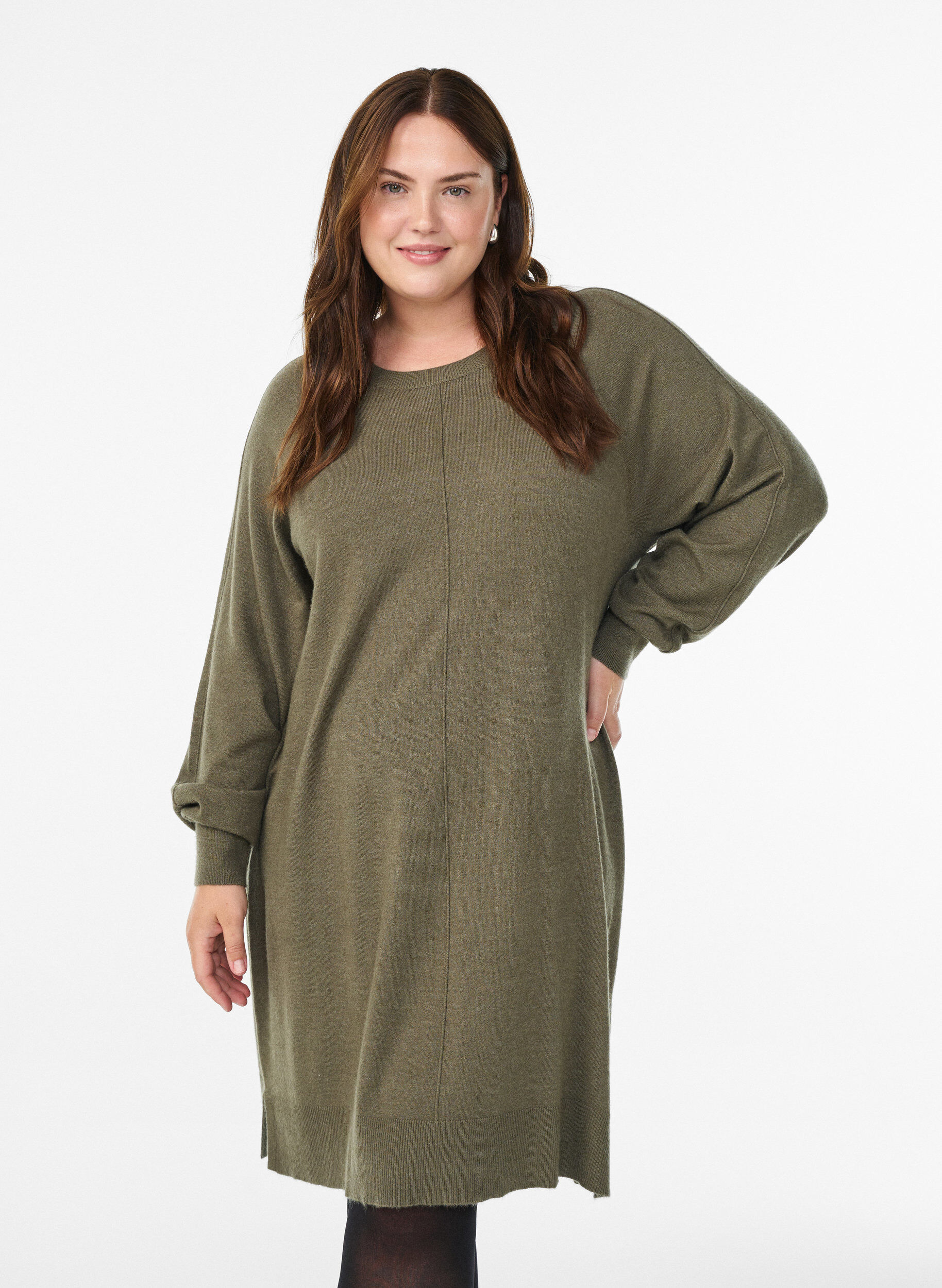 ZizziKort strikkjole med raglan&aelig;rmer og midters&oslash;m, Gr&oslash;n, Model image number 0