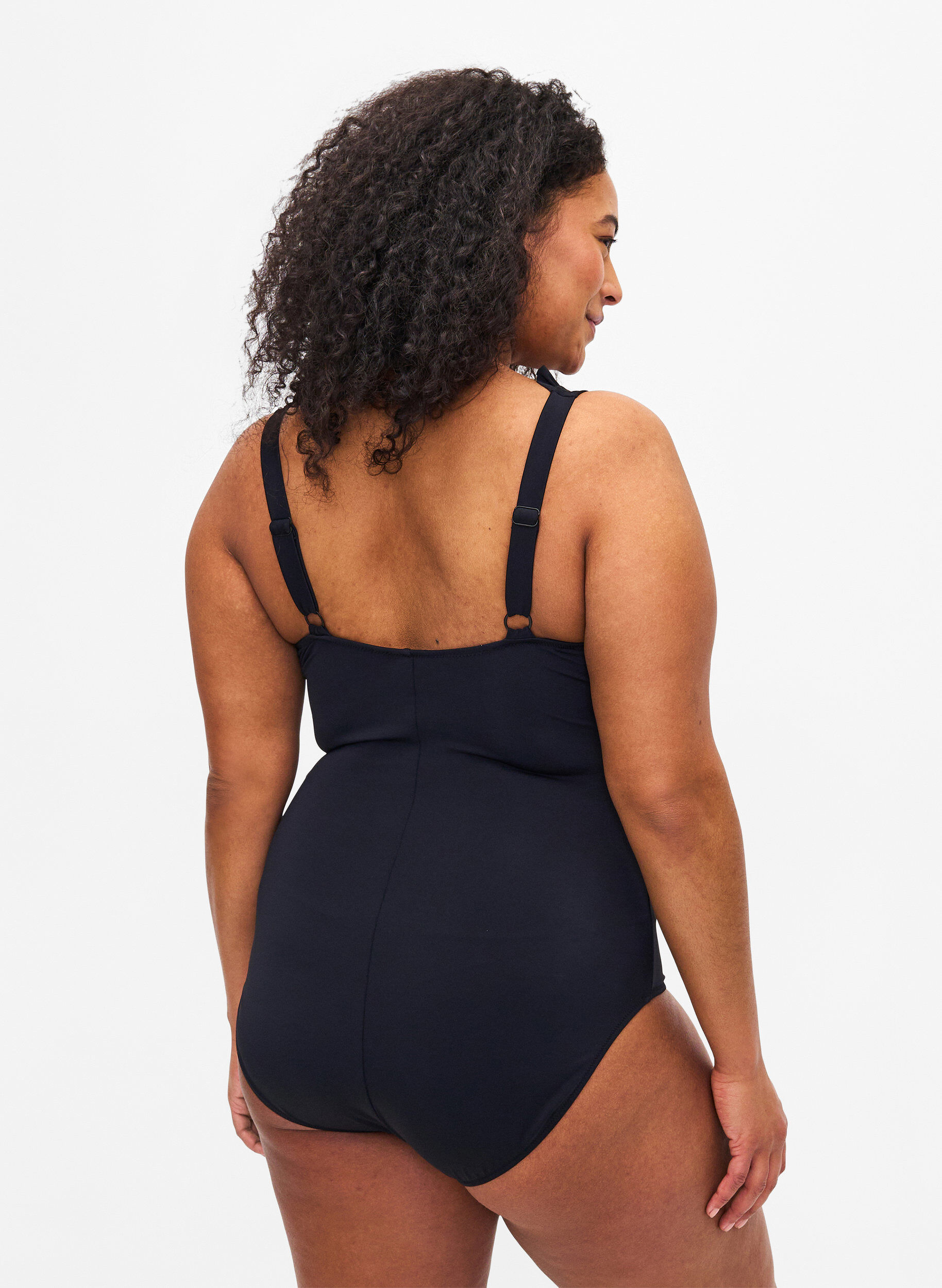 Zizzi Badedragt med v-udsk&aelig;ring og fl&aelig;ser, Black, Model image number 1