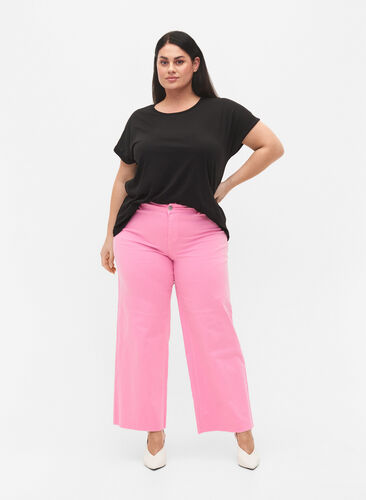 Flared jeans med høj talje, Pink, Model image number 0