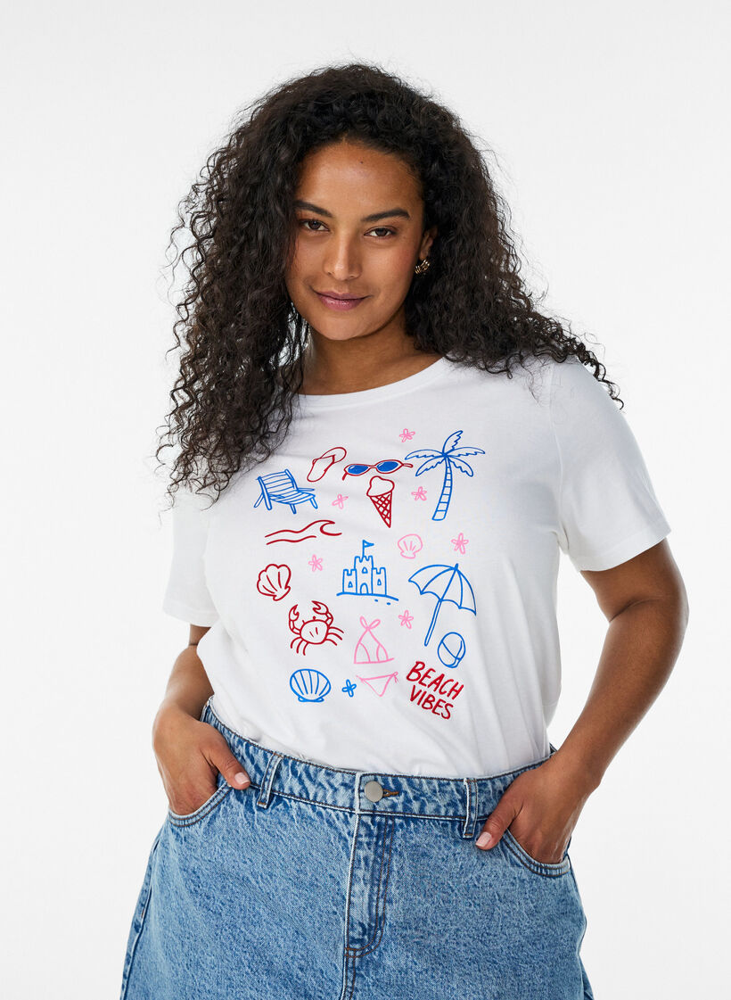 T-shirt i &oslash;kologisk bomuld med strandprint, Hvid, Model image number 0