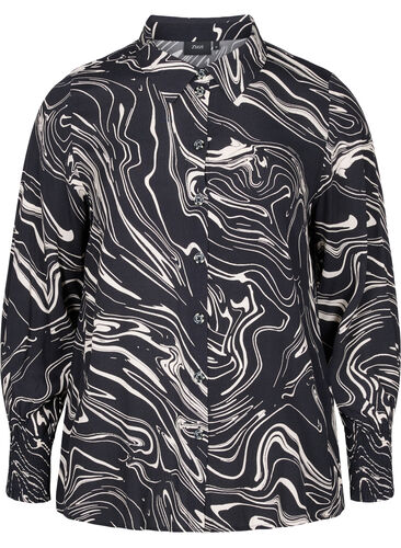 Langærmet viskoseskjorte med print, Black Swirl AOP, Packshot image number 0