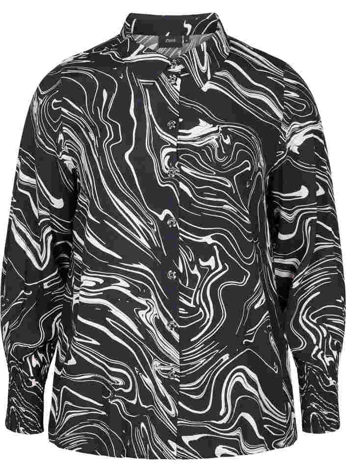 Langærmet viskoseskjorte med print, Black Swirl AOP, Packshot image number 0