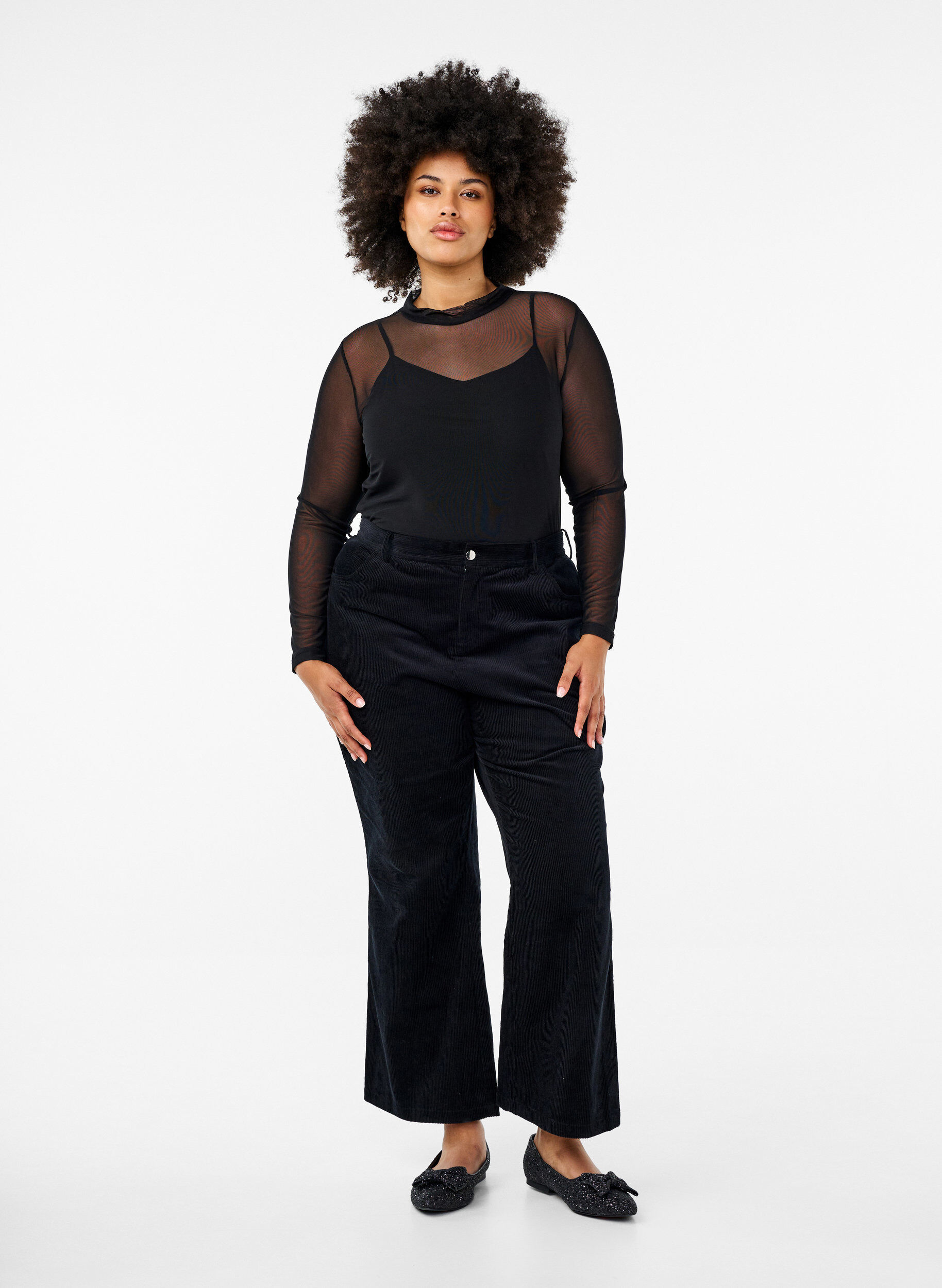 ZizziT&aelig;tsiddende meshbluse med lange &aelig;rmer, Sort, Model image number 1
