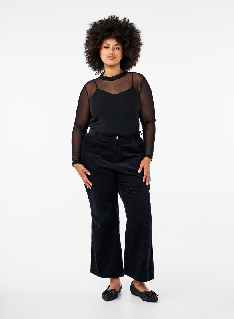 T&aelig;tsiddende meshbluse med lange &aelig;rmer, Sort, Model image number 1