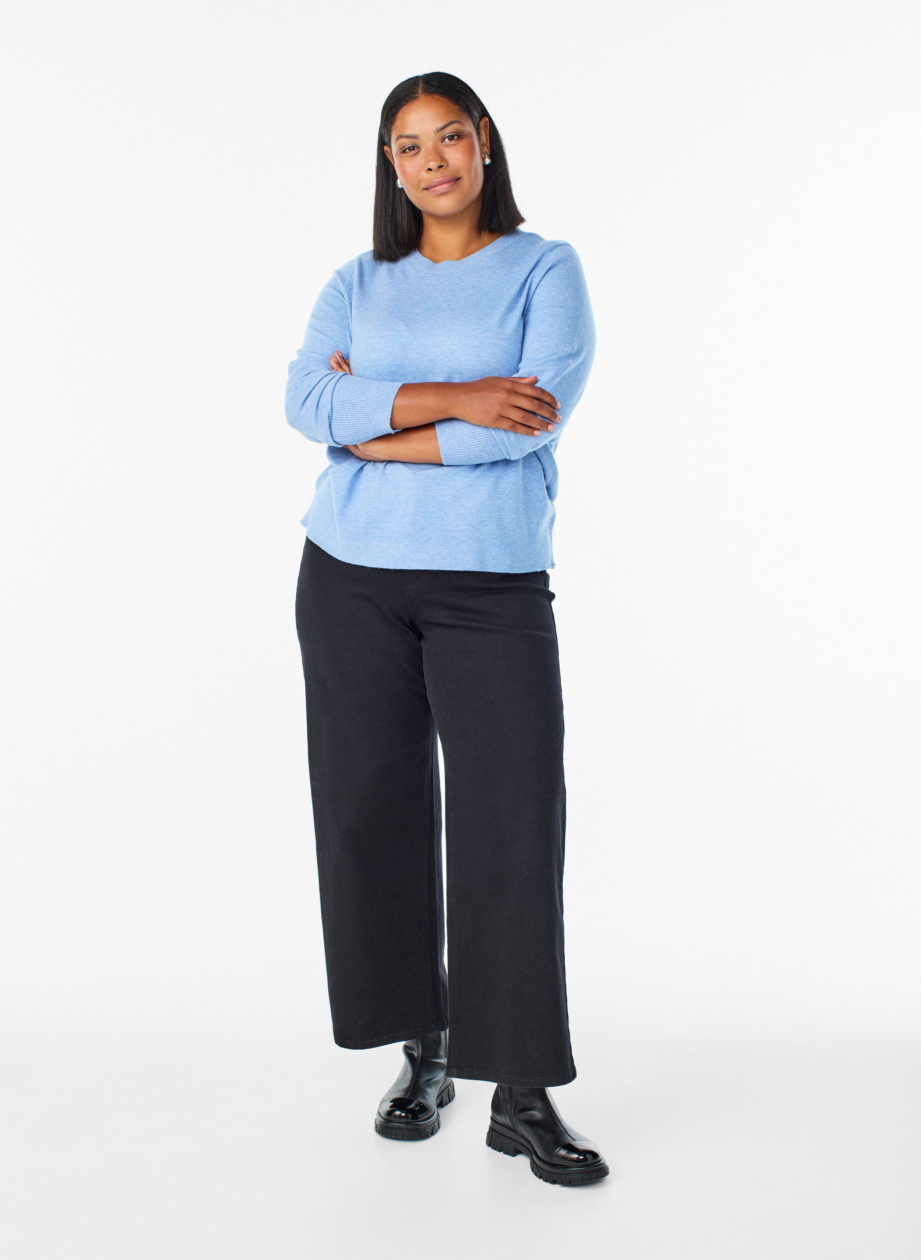 ZizziStrikbluse med rund hals, Bl&aring;, Model image number 1