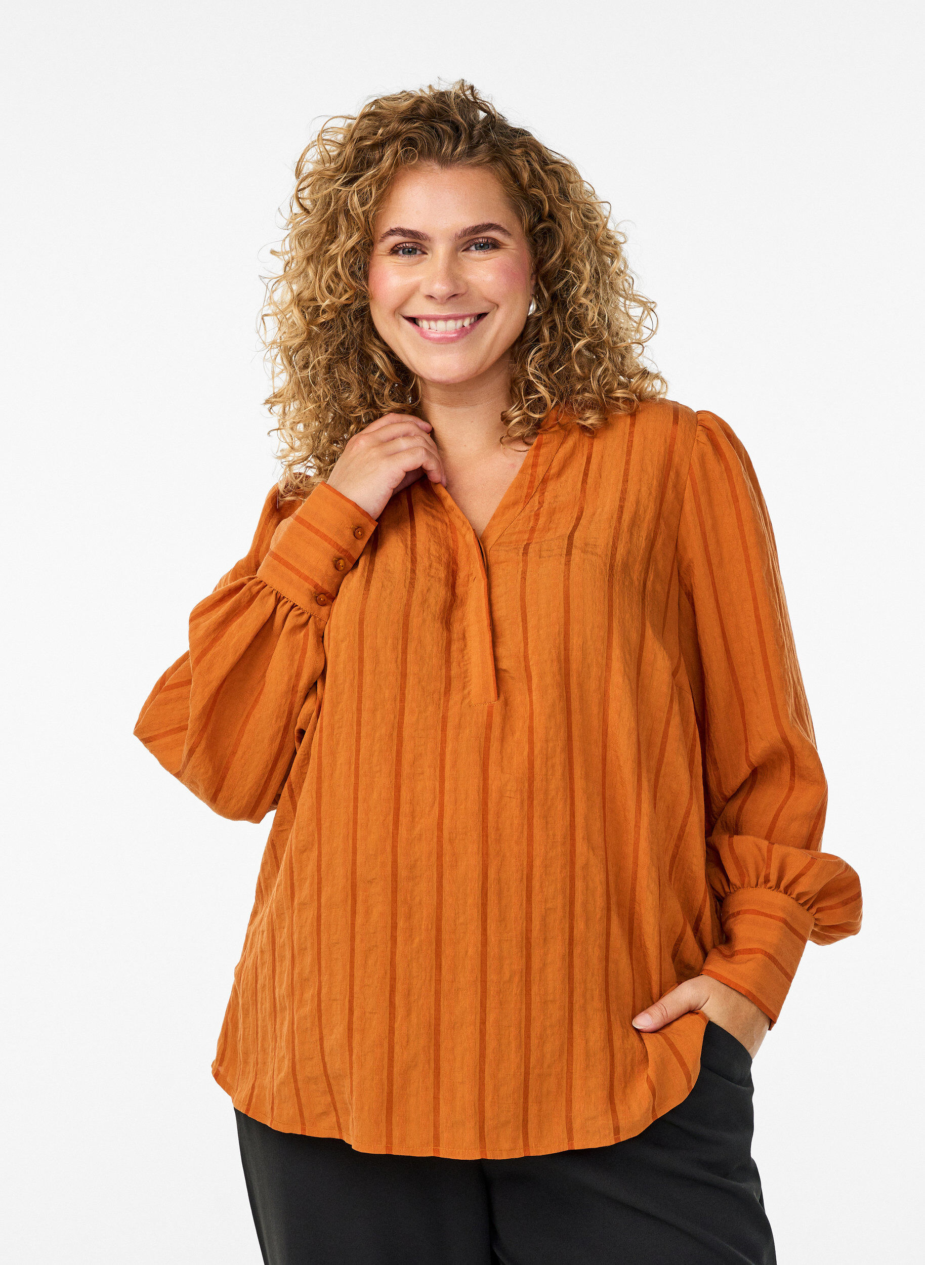 Bluse med lodrette striber., Orange, Model
