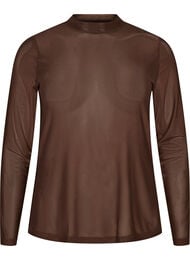 T&aelig;tsiddende meshbluse med lange &aelig;rmer, Brun