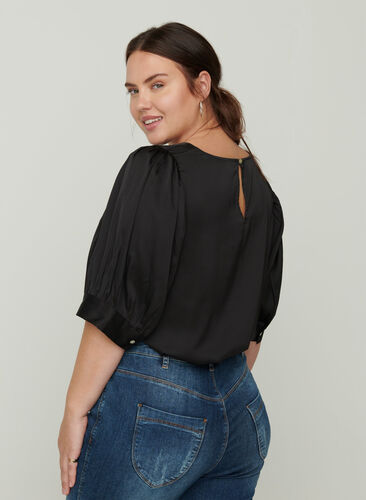 Shiny bluse med korte pufærmer, Black, Model image number 1