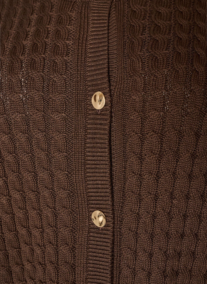 Kabelstrikket cardigan med gyldne knapper, Brun, Packshot image number 2