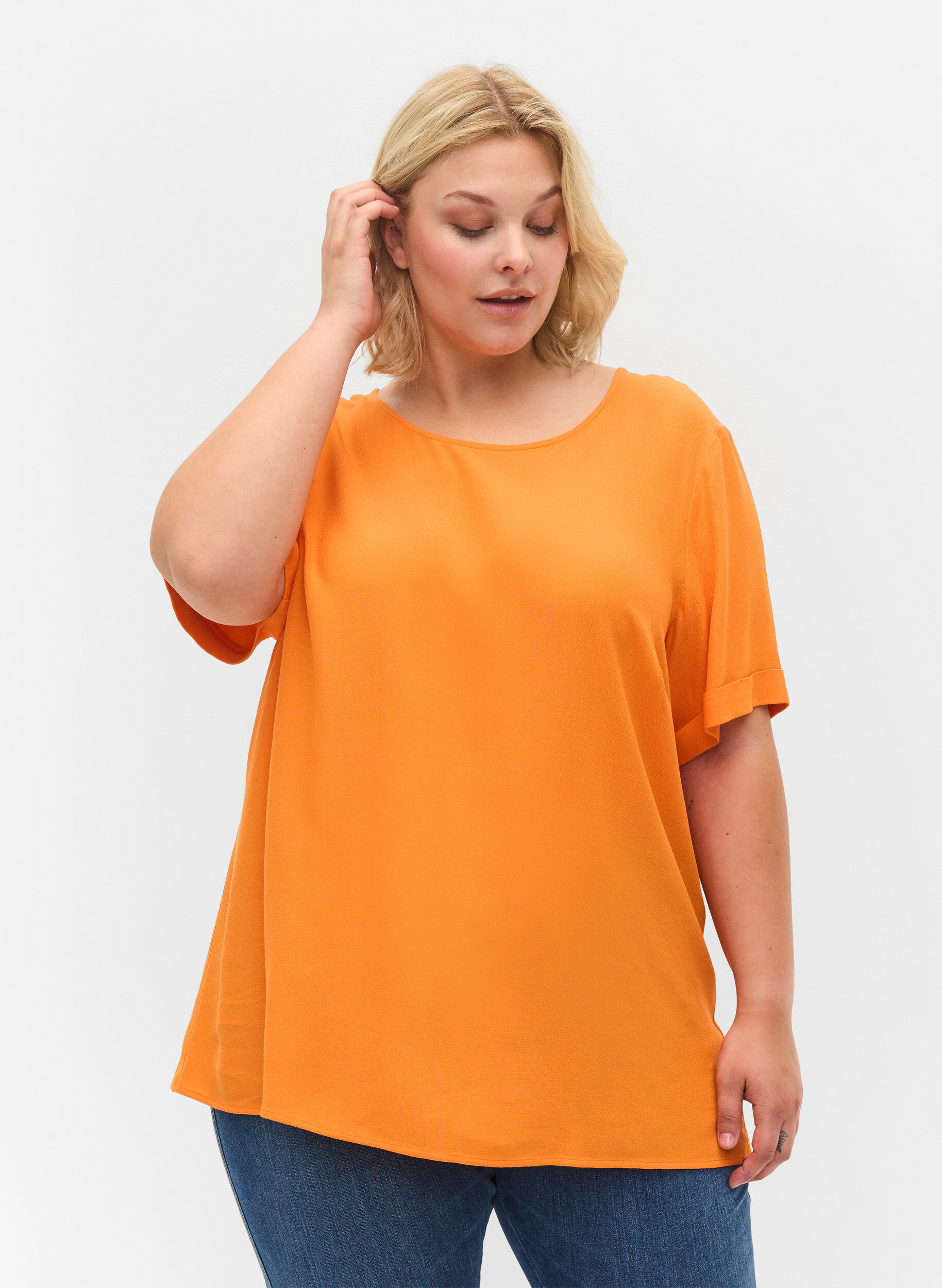Zizzi Kort&aelig;rmet bluse i viskose, Orange Peel, Model image number 0