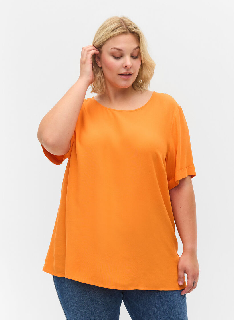 Kortærmet bluse i viskose, Orange Peel, Model image number 0