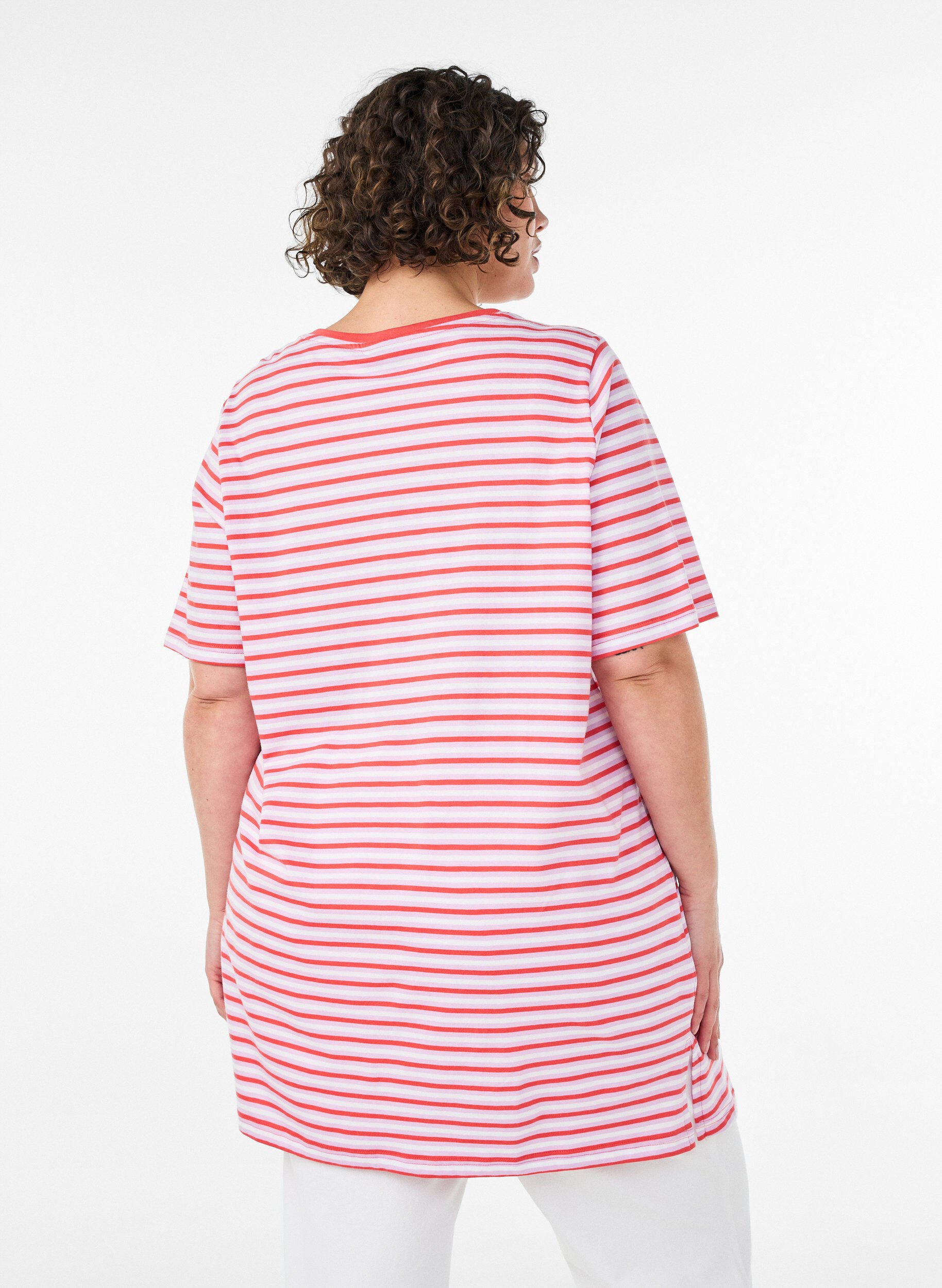 ZizziLang oversize T-shirt i &oslash;kologisk bomuld med striber, Lilla, Model image number 2