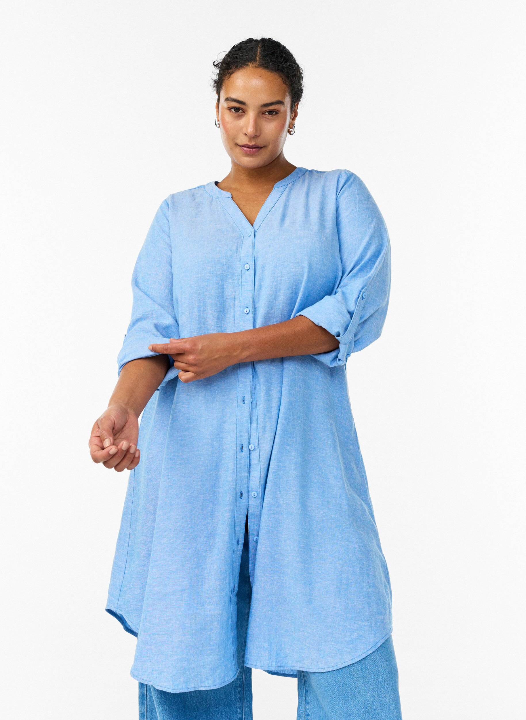 ZizziLang skjorte i h&oslash;r og viskose, Bl&aring;, Model image number 0