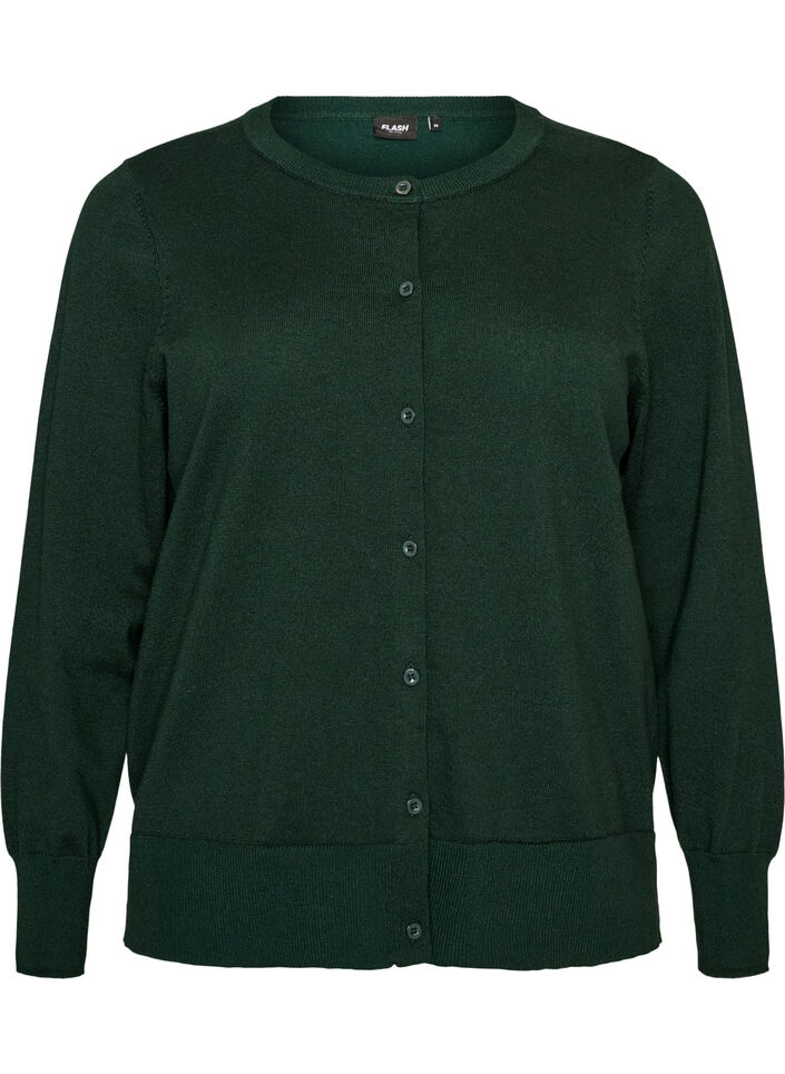 Finstrikket cardigan med rund hals, Gr&oslash;n, Packshot image number 0