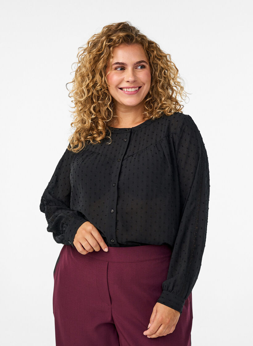 Skjortebluse med prikket struktur og broderidetaljer, Sort, Model image number 0