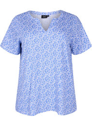 Blomstret bomulds t-shirt med v-hals, Ultramarine AOP