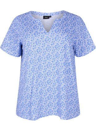 Blomstret bomulds t-shirt med v-hals, Ultramarine AOP, Packshot image number 0