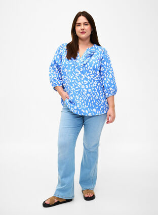 3/4 ærmet bluse i bomuld med print, Marina White AOP, Model image number 2