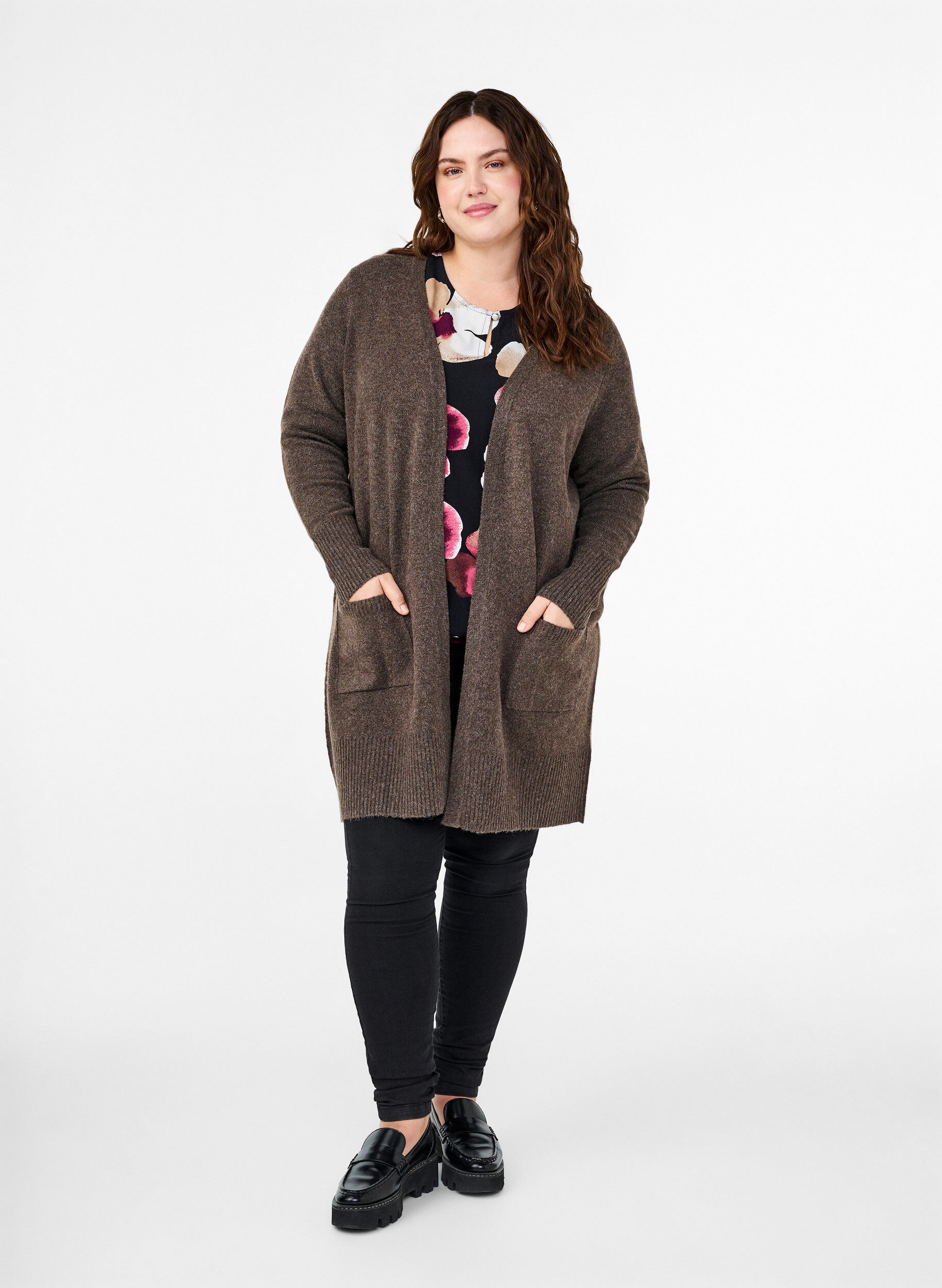 Zizzi Meleret strik cardigan med lommer, Brun, Model image number 1