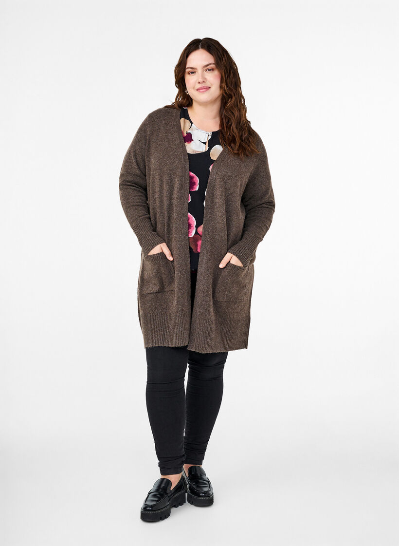 Meleret strik cardigan med lommer, Brun, Model image number 1