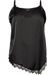 Satintop med blondekanter og asymmetrisk fald, Sort