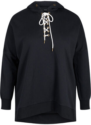 Sweatshirt med hætte og kontrastfarvet snøre, Black, Packshot image number 0