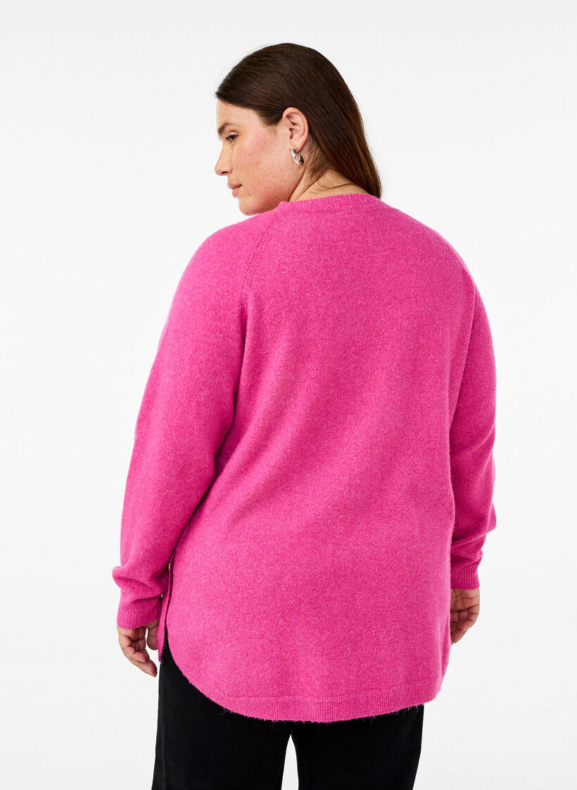 Lang strikbluse med knapdetalje i siden, Raspberry Rose Mel., Model image number 1