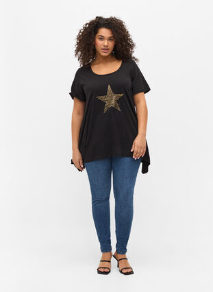 Kortærmet bomulds t-shirt med a-form, Black w. Gold Star, Model image number 2