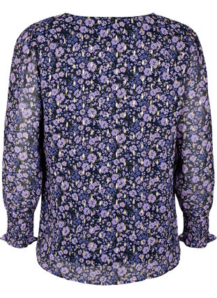 Blomstret bluse med lange ærmer og v-hals, Purple Ditzy Flower, Packshot image number 1