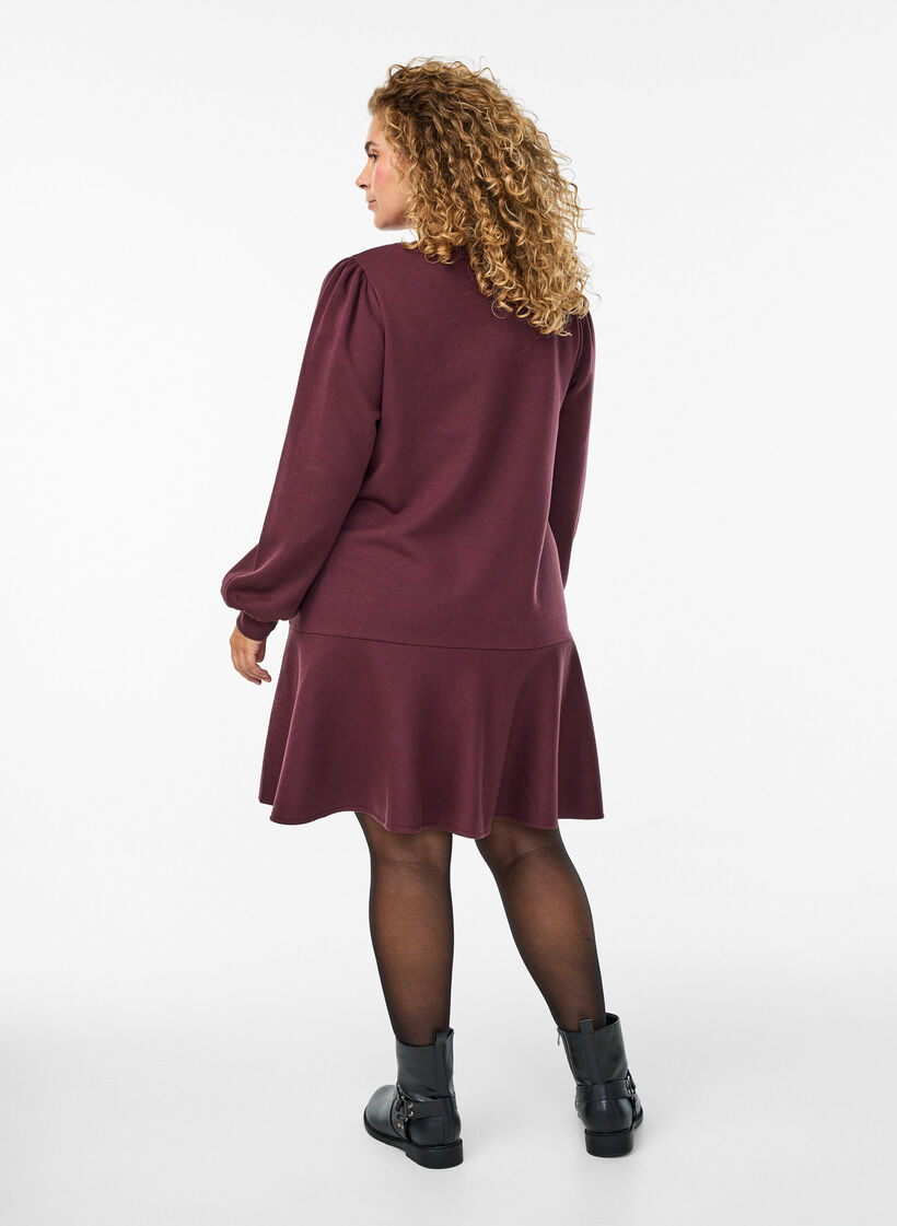 Kort sweatkjole med flæsedetalje, Mørk Bordeaux, Model image number 2