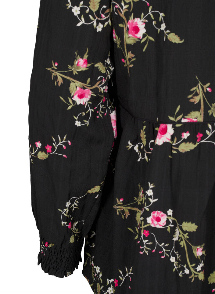 Lang&aelig;rmet bluse med blomsterprint, Sort, Packshot image number 3