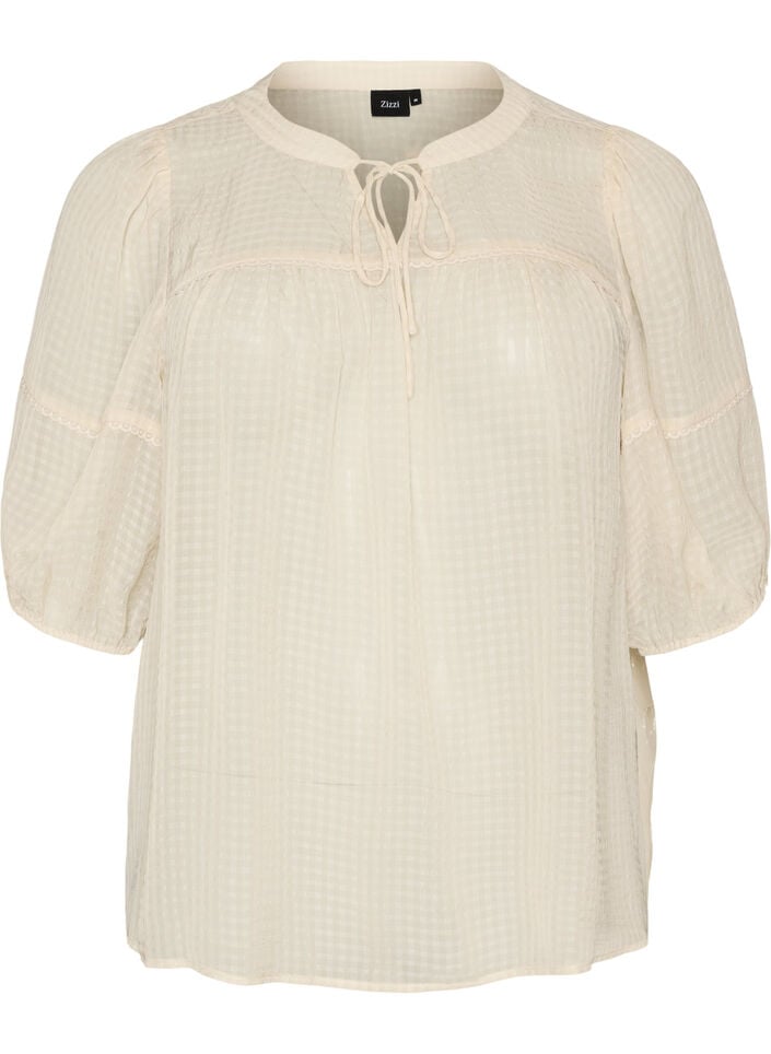 Bluse i b&aelig;k og b&oslash;lge med bindeb&aring;nd, Beige, Packshot image number 0