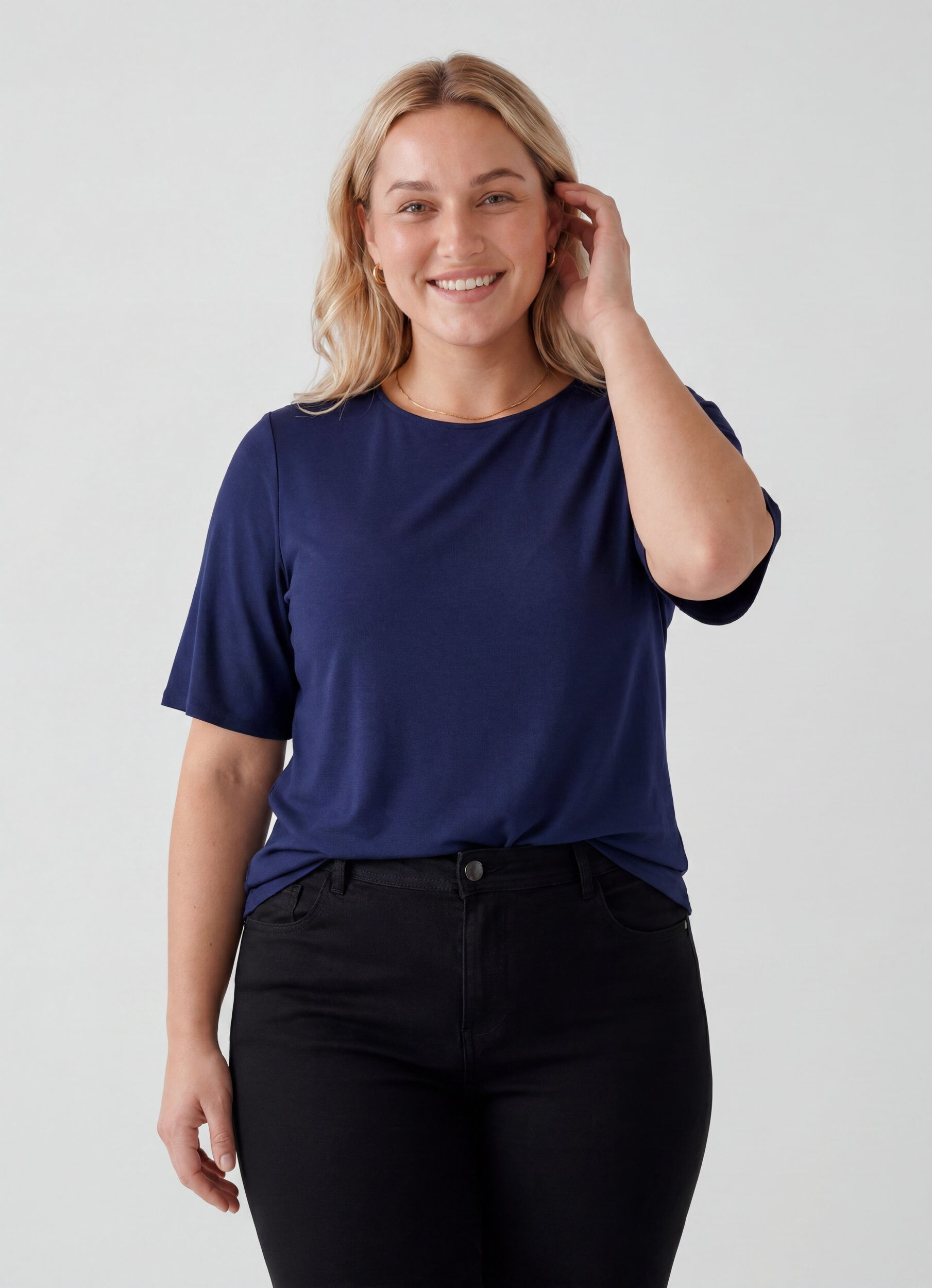 ZizziKort&aelig;rmet v&aelig;vet bluse med rund hals, Bl&aring;, Model image number 0