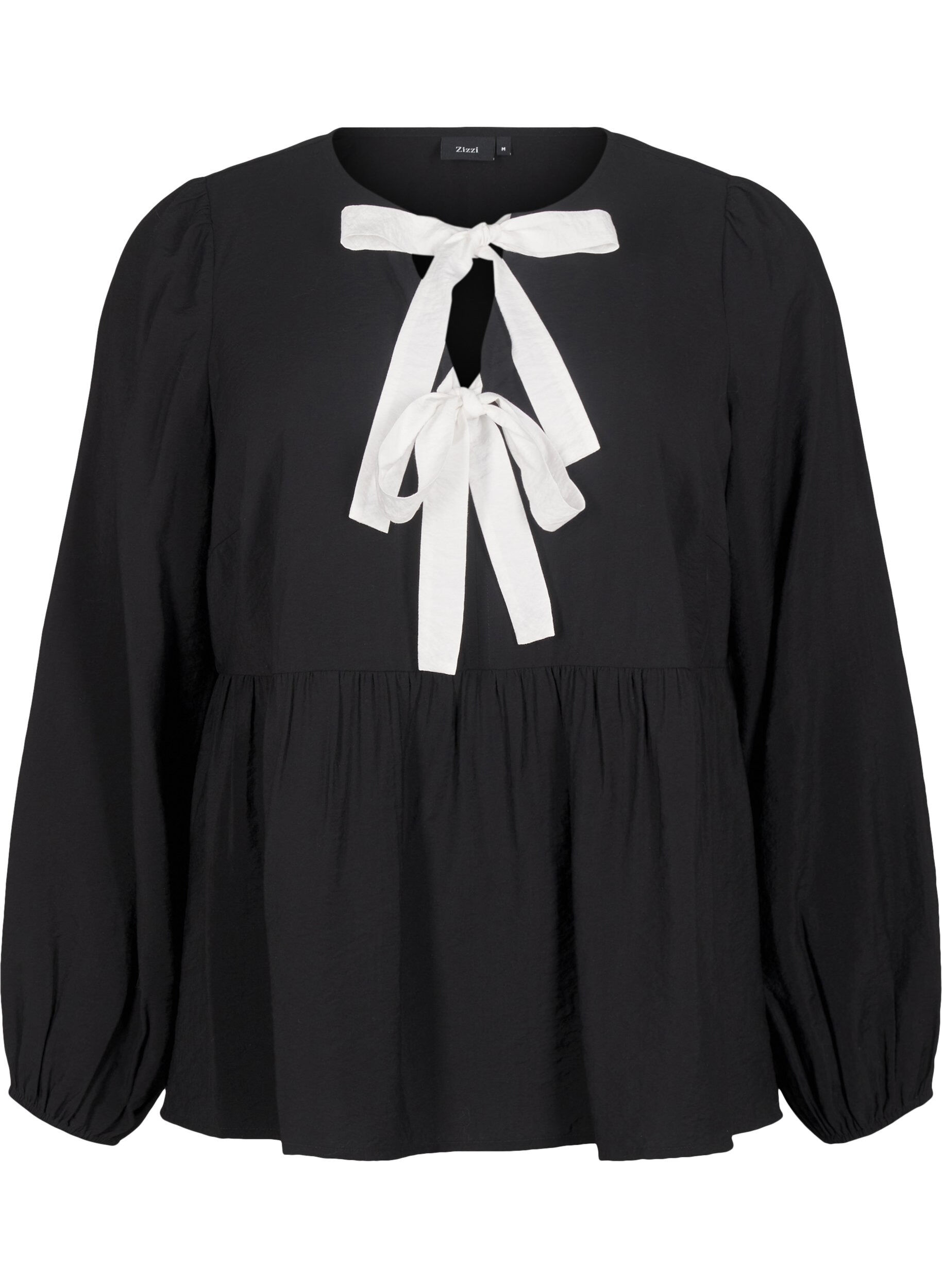 Zizzi Viskosebluse med sl&oslash;jfer og lange &aelig;rmer, Black White Bow, Packshot image number 0