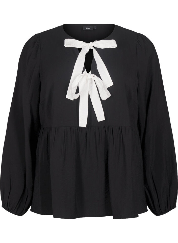 Viskosebluse med sløjfer og lange ærmer, Black White Bow, Packshot image number 0