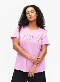 Bomulds t-shirt med tekstprint, Rosebloom w. Flower, Model