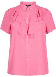 Kortærmet skjortebluse med flæser, Pink Power