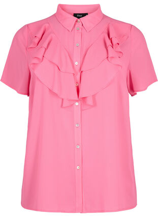 Kortærmet skjortebluse med flæser, Pink Power, Packshot image number 0