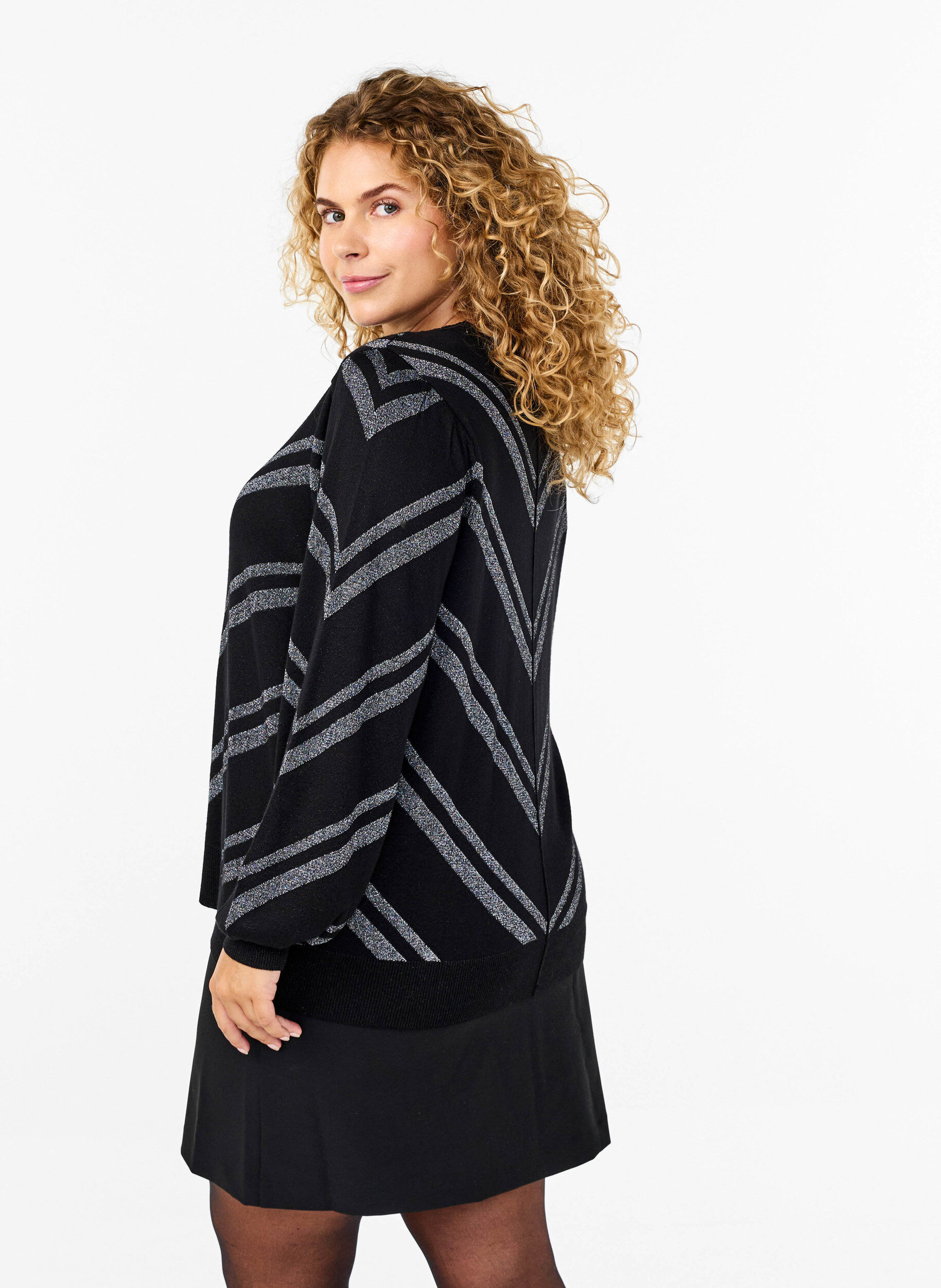 Zizzi Strikbluse med rund hals og glimmer , Black w.S.L.Stripes, Model image number 1