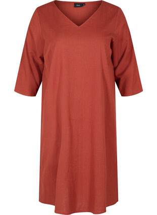 Bomulds kjole med 3/4 ærmer og knapper, Burnt Henna, Packshot image number 0