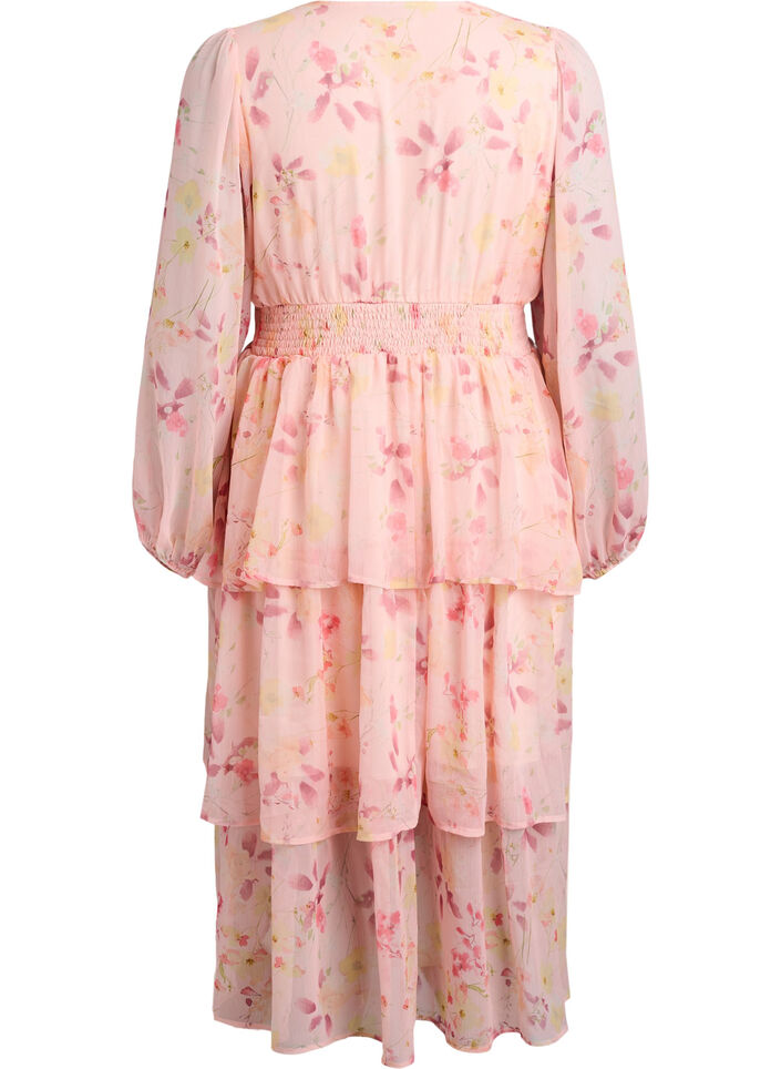 Blomstret midikjole i chiffon med smocktalje, Orange, Packshot image number 1