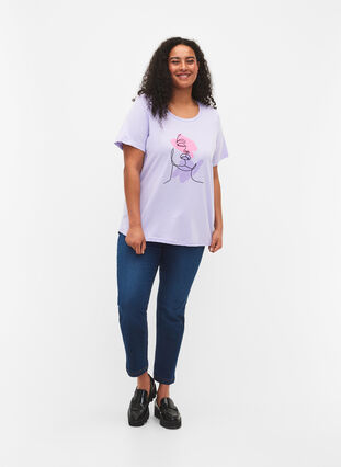 Bomulds t-shirt med rund hals og tryk, Lavender FACE, Model image number 2