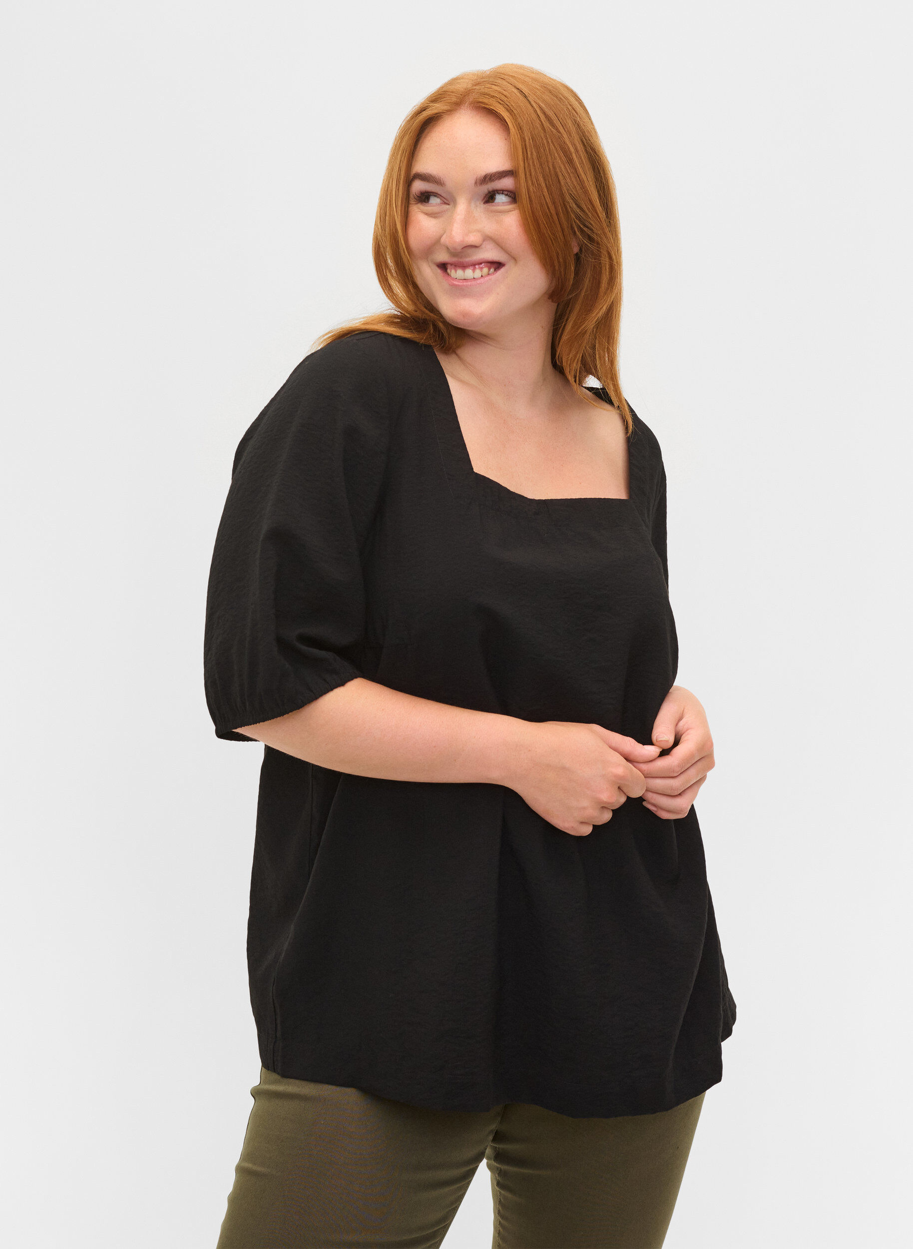 Zizzi Bluse med ballon&aelig;rmer, Black, Model image number 0