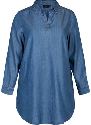 Langærmet tunika i lyocell, Mid blue denim, Packshot image number 0