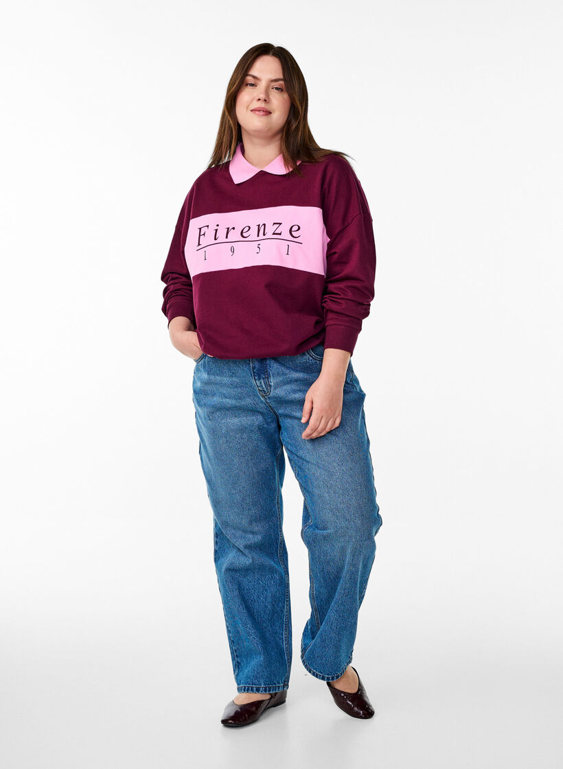Sweatshirt i økologisk bomuld med krave og kontrastprint, Mørk Bordeaux, Model image number 1